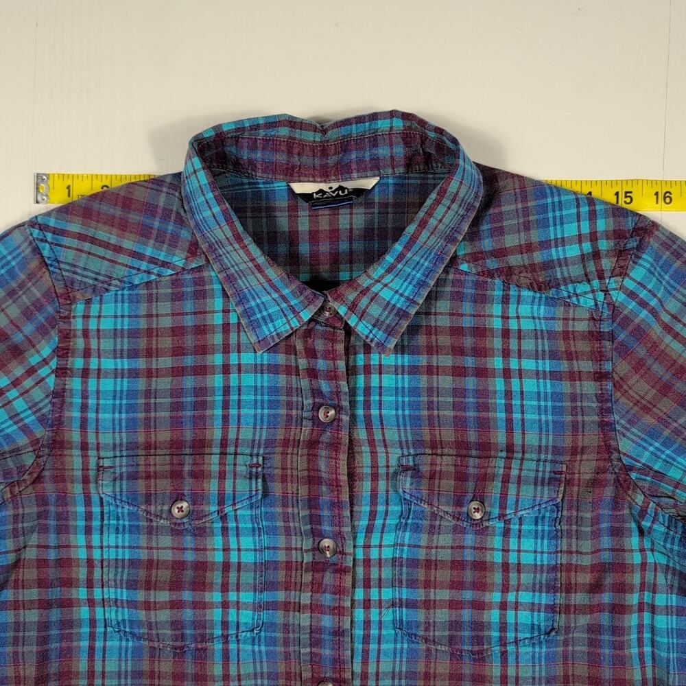 KAVU Men’s L Plaid Flannel Shirt Blue Teal Maroon Long Sleeve Casual Outdoor - Picture 5 of 14
